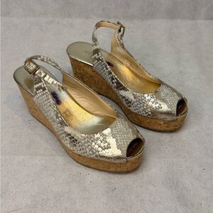 JIMMY CHOO Snake Print Cork Wedge Slingback Sandals SZ 35 Gold